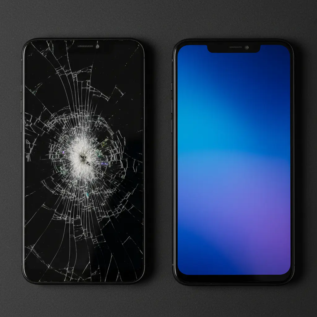 Broken phone screen next to a fixed phone screen